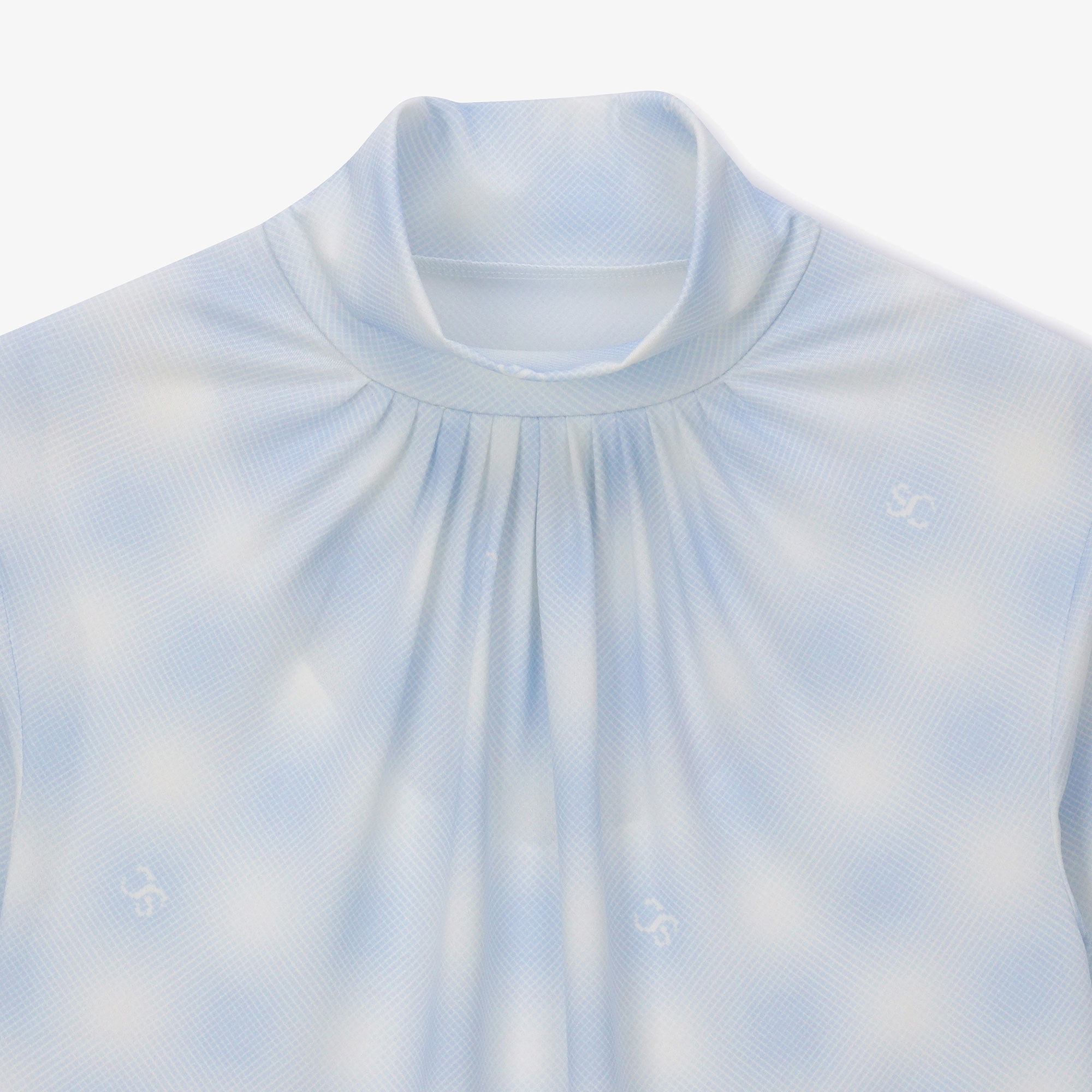 여성 체크 프린트 핀턱 넥라인 티셔츠_라이트 블루