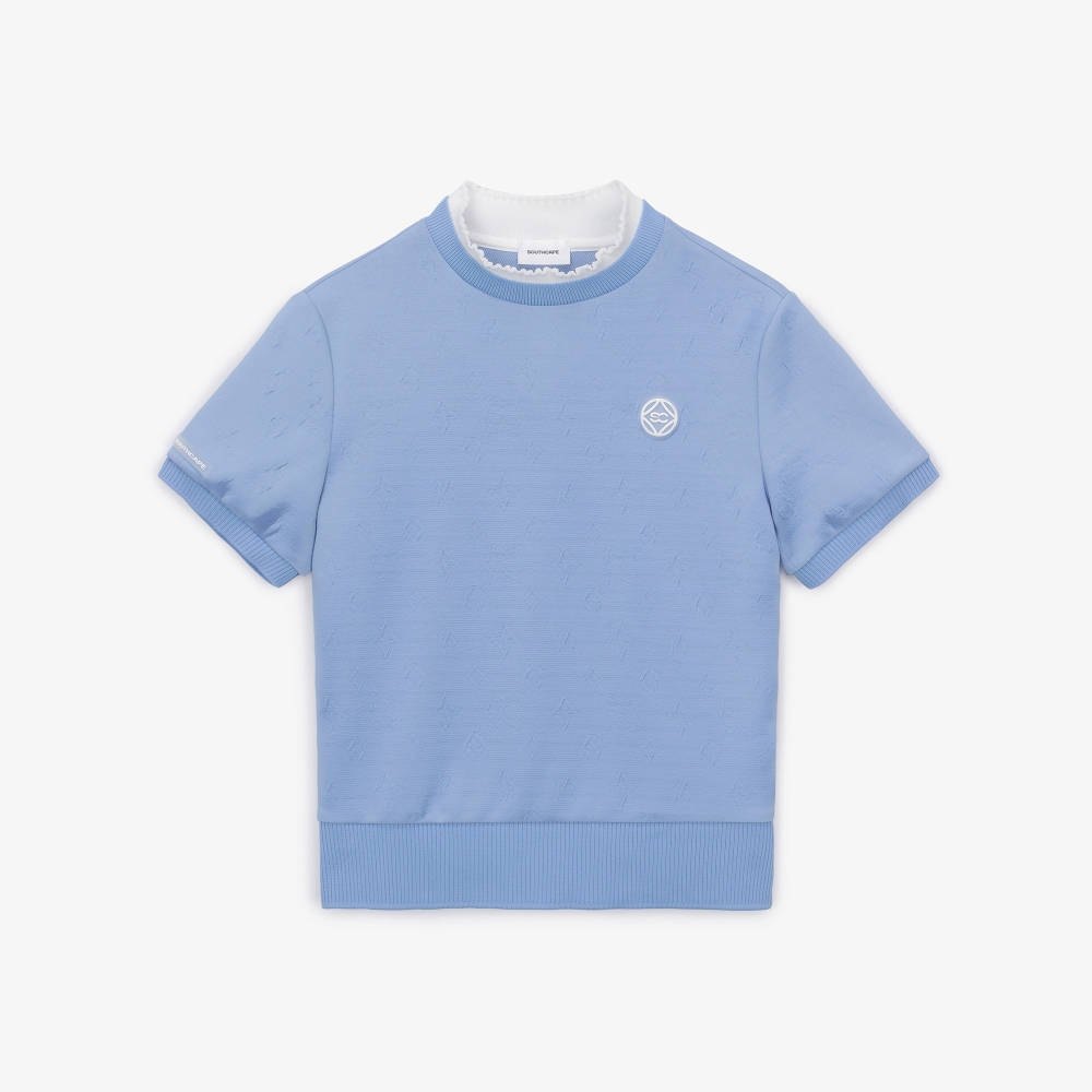 여성 모노그램 패턴 프릴넥 티셔츠_라이트 블루