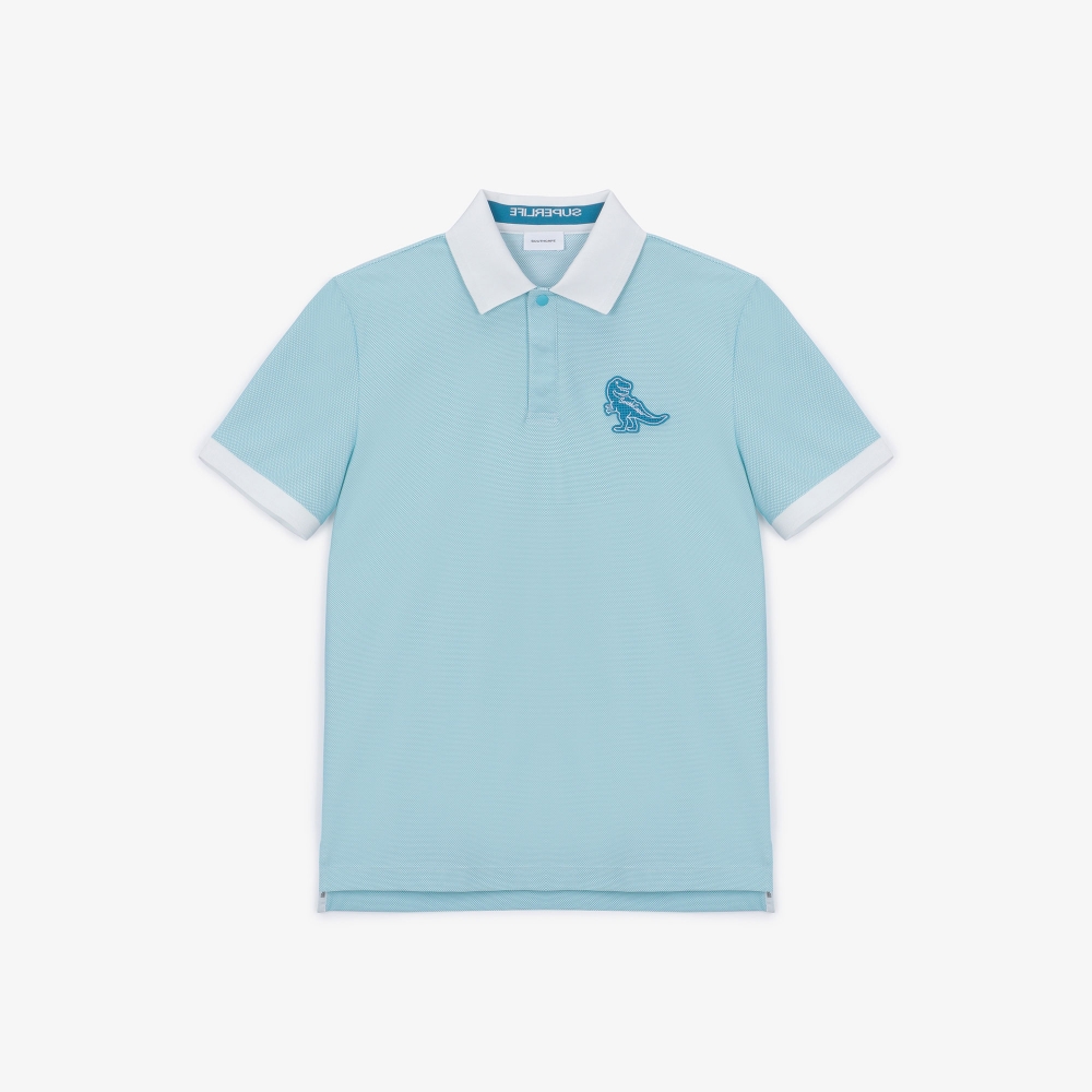 남성 공룡 와펜 배색 칼라 티셔츠_라이트 블루